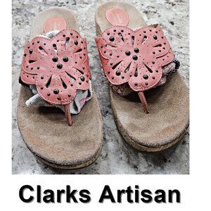 Clarks Slip-on Artisan Womens Leather Coral Flower Thong Wedge Sandals 9.5 M